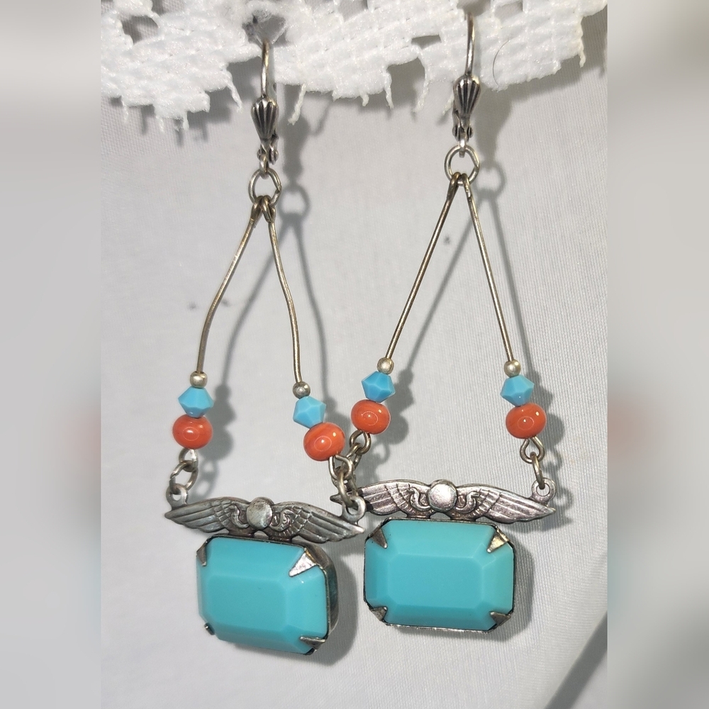 Turquoise and Orange Tone Dangle Earrings